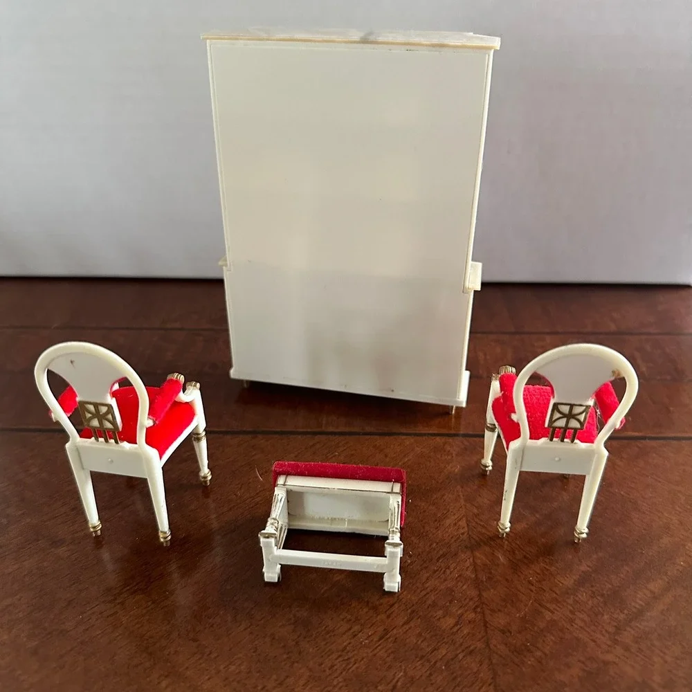 Vintage Miniature Dollhouse Furniture Set Red Velvet White Gold Hutch Chairs 4pc